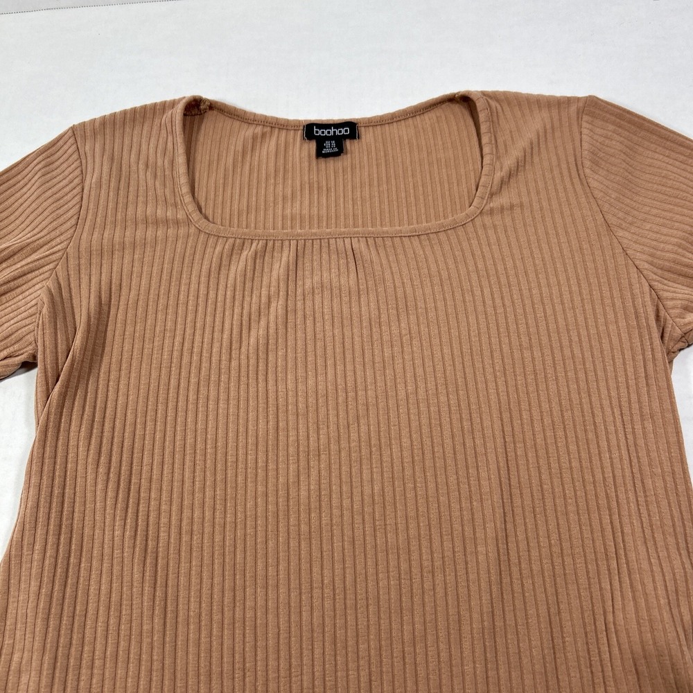 Womens Boohoo 14 Ribbed Knit Taupe Bodysuit Top